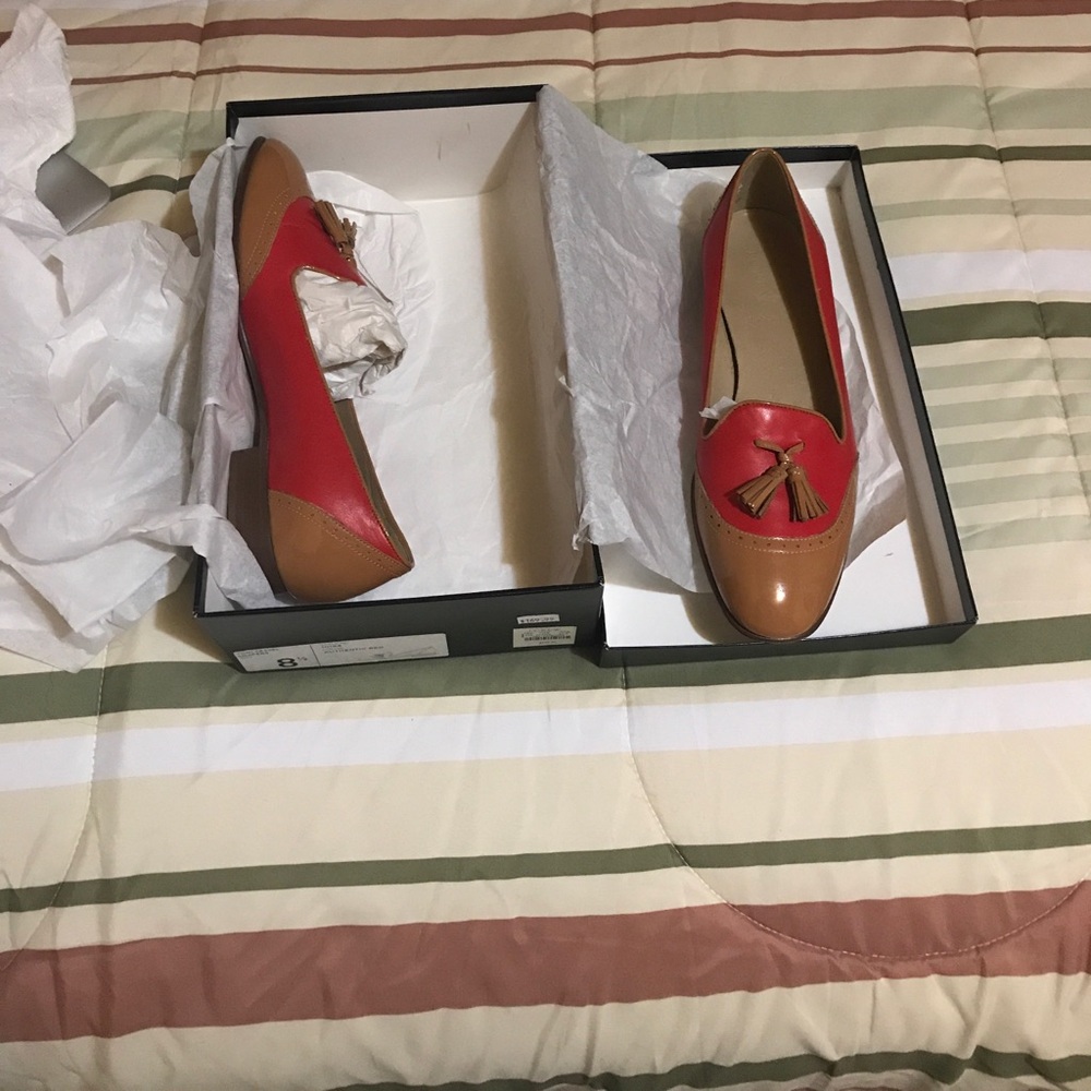 J Crew Red and Tan Tassel Loafers